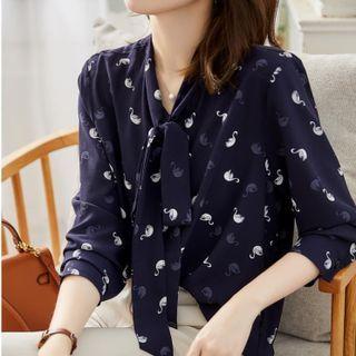 Tie-neck Swan Print Blouse