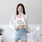 Set: V-neck Cardigan + Embroidered Cropped Camisole Top