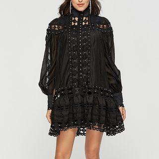 Eyelet Lace Studded Lantern-sleeve Mini Dress