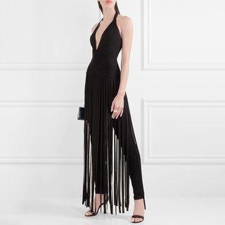 Fringed Halter Zip-back Jumpsuit