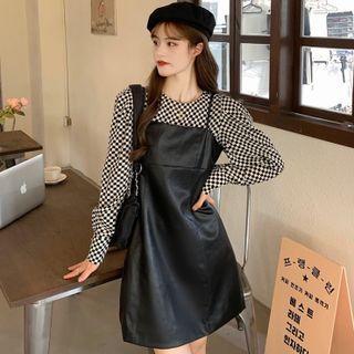 Set : Plaid Long-sleeve Shirt + Pu Dress