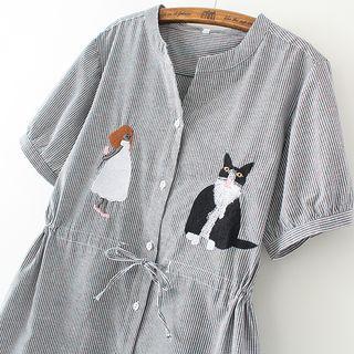 Cat Embroidered Striped Short Sleeve Long Shirt