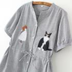 Cat Embroidered Striped Short Sleeve Long Shirt