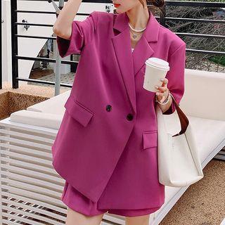 Set: Short-sleeve Plain Double-breasted Blazer + Shorts