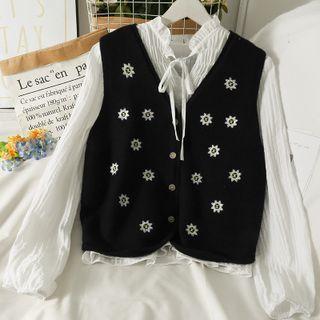 Set: Embroidered Button-up Vest + Tie-neckline Loose Shirt