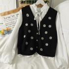 Set: Embroidered Button-up Vest + Tie-neckline Loose Shirt