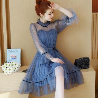 Contrast Trim Long-sleeve Mesh A-line Dress