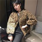 Leopard Faux Fur Fleece Baseball Jacket As Shown In Figure - One Size