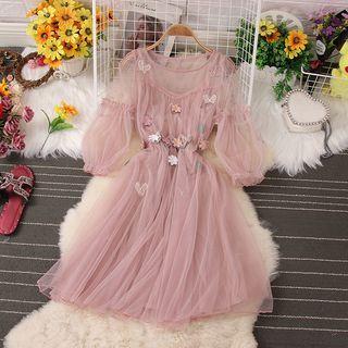Set: Long-sleeve Butterfly Applique Mesh Midi A-line Dress + Slipdress