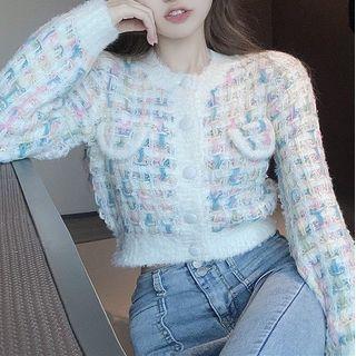 Fringed Tweed Cardigan Pink & Blue & White - One Size