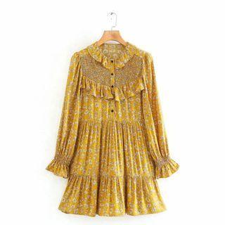 Floral Print Bell-sleeve Tiered Mini A-line Dress
