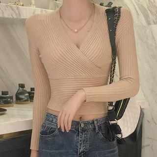 Deep V-neck Ribbed Long-sleeve Knit Top