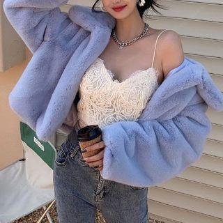 Faux Fur Jacket / Spaghetti Strap Lace Top