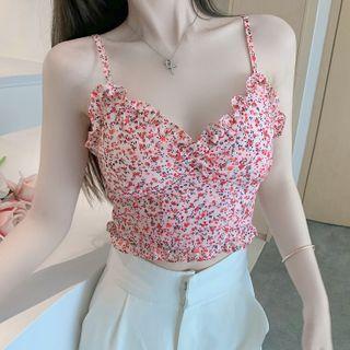 Sleeveless Frilled Trim Floral Crop Top