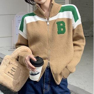 Lettering Mock-neck Zip Cardigan