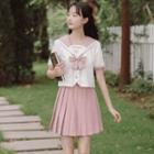 Set: Short-sleeve Sailor-collar Shirt + Pleated Mini Skirt