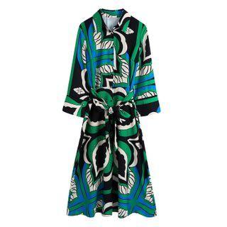 Elbow-sleeve Flower Print Midi Shirtdress