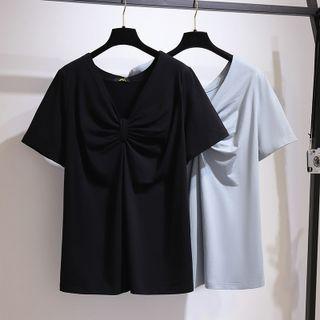 Short Sleeve V-neck Plain Knotted T-shirt