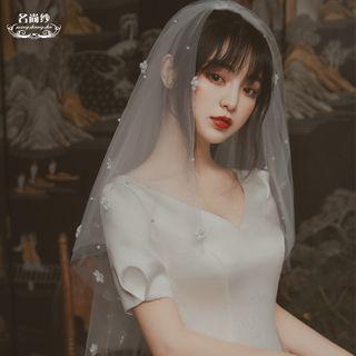 Faux Pearl Flower Accent Wedding Veil White - One Size