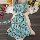 Short-sleeve Leaf Print Midi Wrap Dress