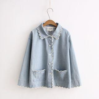 Scallop Trim Long-sleeve Denim Blouse