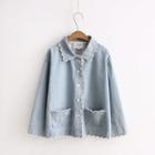 Scallop Trim Long-sleeve Denim Blouse