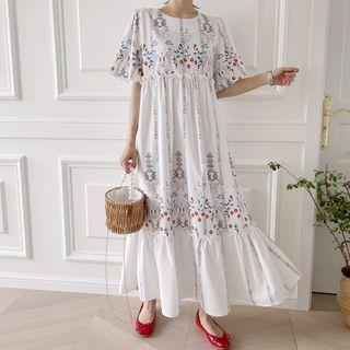 Ruffled Flower Pattern Long Dress White - One Size