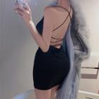 Halter-neck Open-back Bodycon Dress Black - One Size