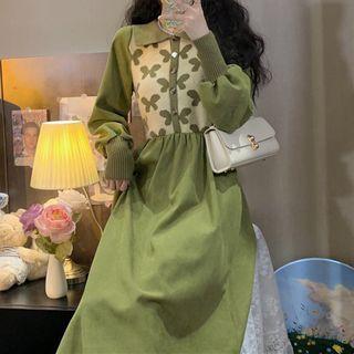 Collar Print Knit Midi A-line Dress