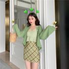 Knit Camisole / Cardigan / Mini A-line Plaid Skirt