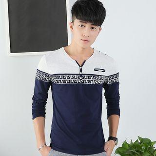 Colour Block Split-neck Long-sleeve T-shirt