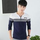Colour Block Split-neck Long-sleeve T-shirt