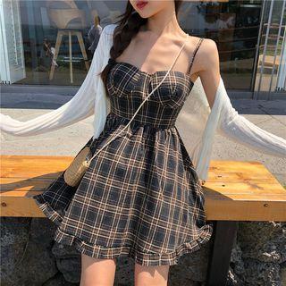 Check Strappy A-line Dress / Lightweight Long-sleeve Cardigan