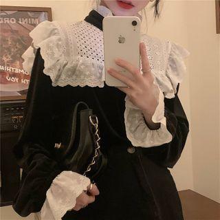 Long-sleeve Velvet Lace Panel Ruffle Blouse As Shown In Figure - One Size
