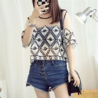 Set: Short-sleeve Embroidered Top + Bandeau