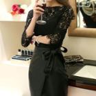 Set: Long-sleeve Lace Sheath Dress + Faux Leather Sheath Skirt + Camisole