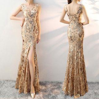 Sequined Sleeveless Slit Sheath Evening Gown