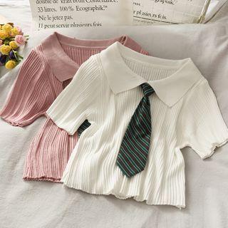Cropped Light Knit Polo Top With Tie