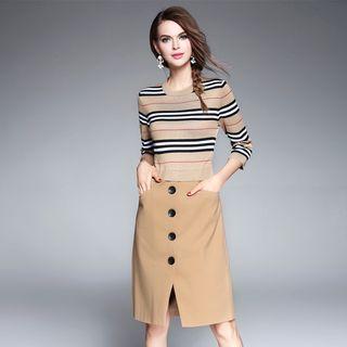 3/4-sleeve Paneled Buttoned Dress