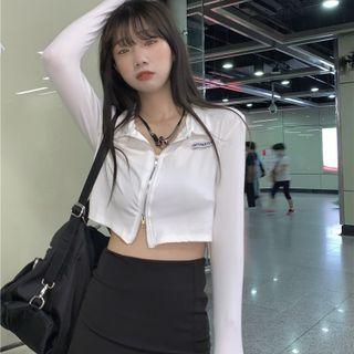 Long-sleeve Lettering Cropped Knit Jacket