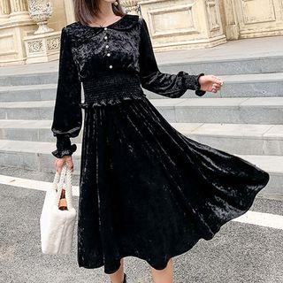 Set: Smocked Velvet Blouse + Midi A-line Skirt