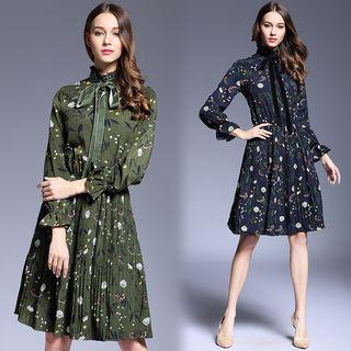 Bow Floral Print Long-sleeve Pleated Dress