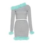 Set: Fluffy-trim Long-sleeve Crop Top + Mini Pencil Skirt