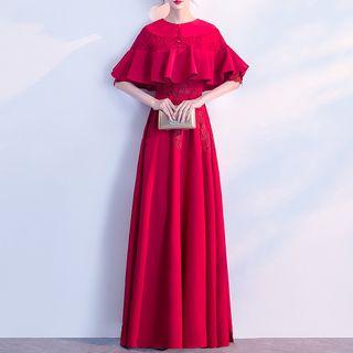 Elbow-sleeve Ruffle A-line Evening Gown