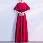 Elbow-sleeve Ruffle A-line Evening Gown