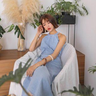 Set: Halter-neck Top + Wrap-front Long Skirt