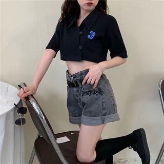Short-sleeve Cropped Polo Shirt Black - One Size