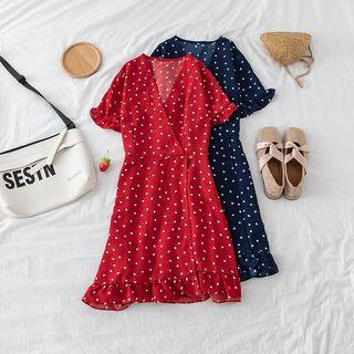 Heart Print Ruffled Short-sleeve Dress