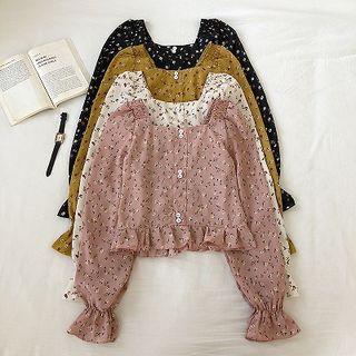 Floral Square-neck Flare-sleeve Blouse