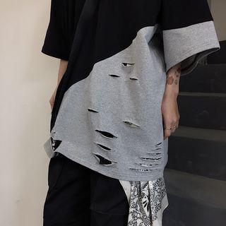 3/4-sleeve Color Block Ripped T-shirt